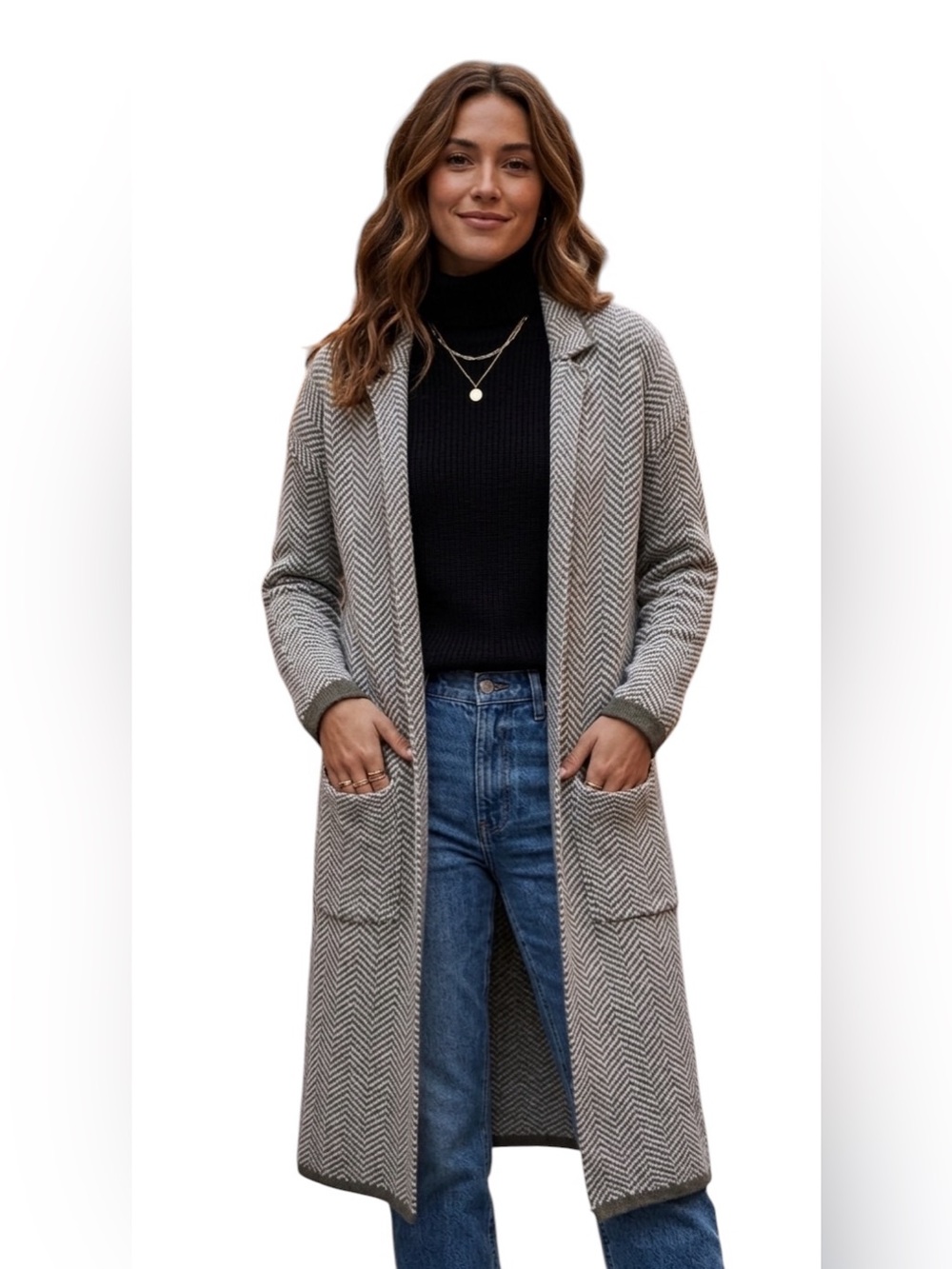 Abercrombie & Fitch Gray Herringbone Long Collared Open Sweater Coat Size Medium